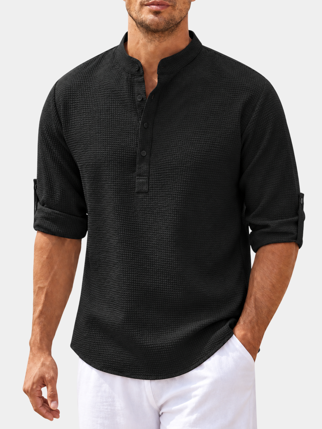 Pineapple-Textured Cotton Blend Stand Collar Shirt