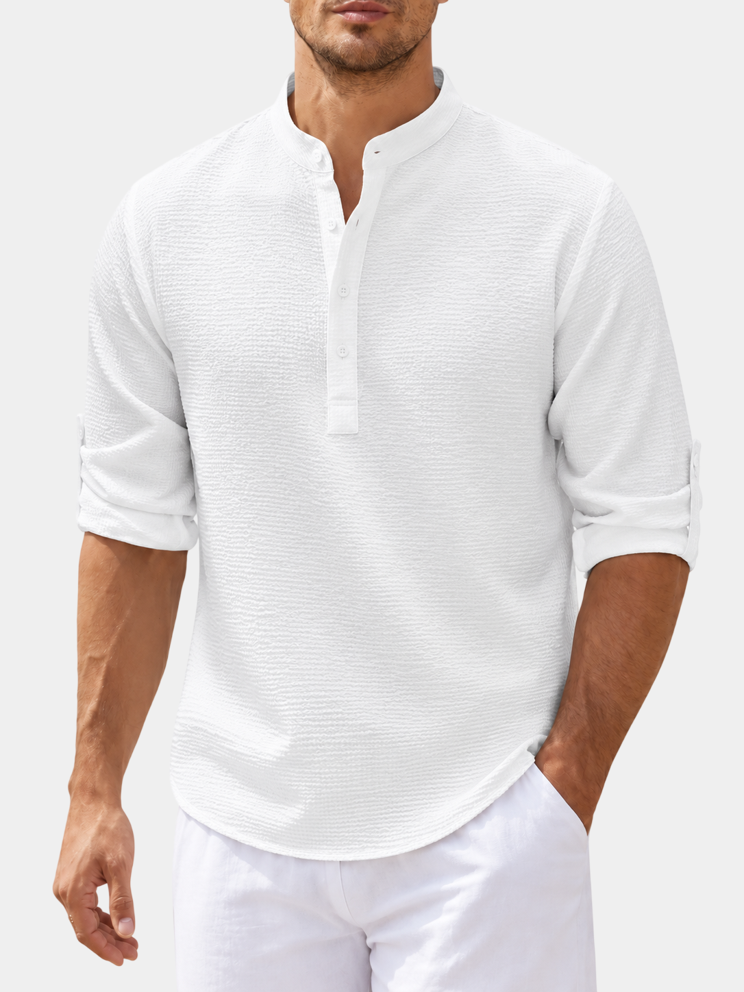 Pineapple-Textured Cotton Blend Stand Collar Shirt
