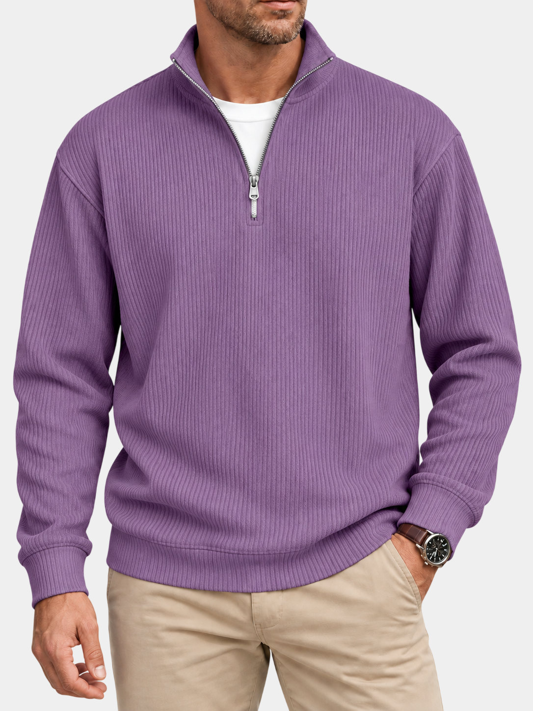 Textured Stand Collar Quarter-Zip Pullover Sweatshirt