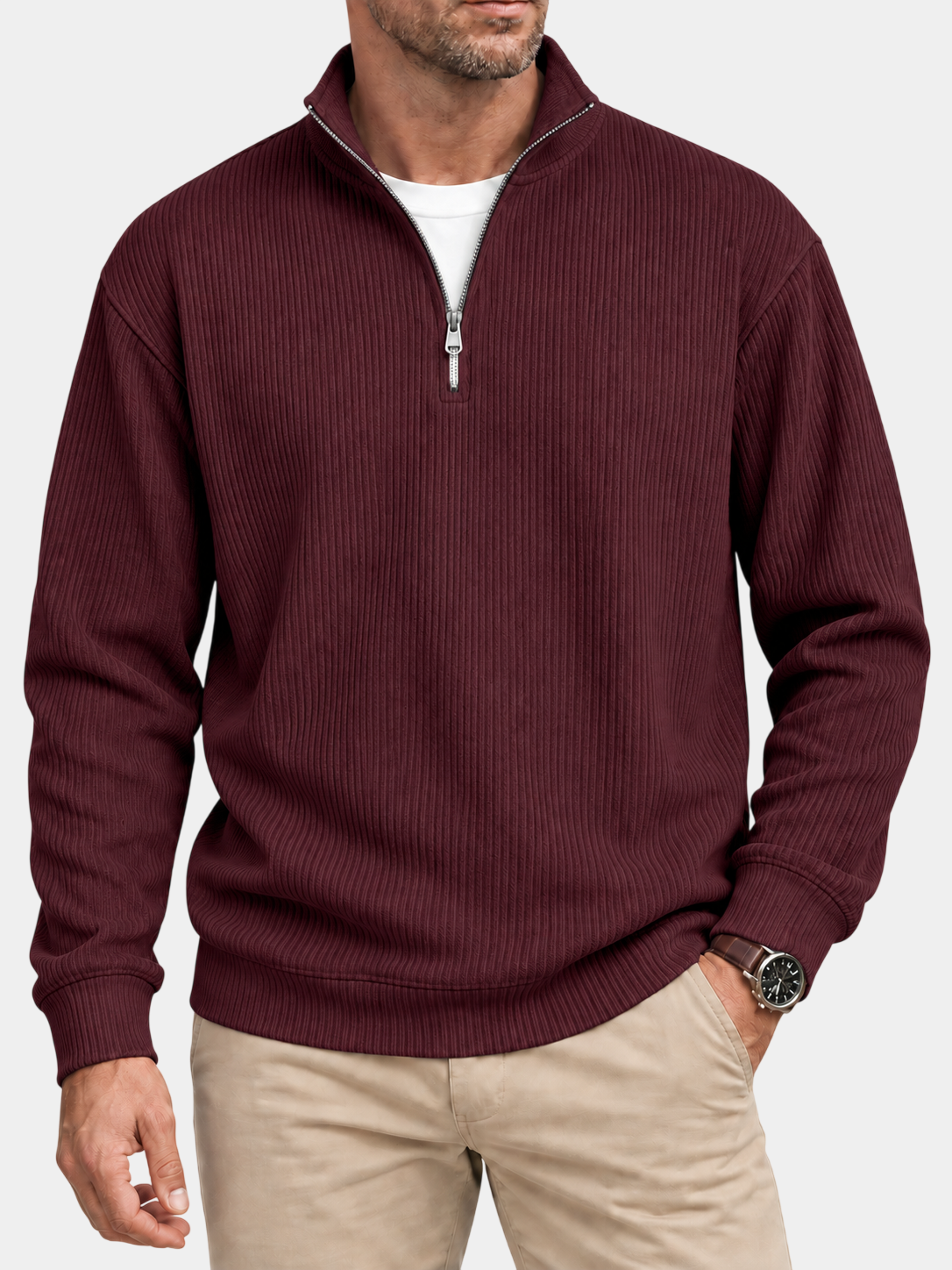 Textured Stand Collar Quarter-Zip Pullover Sweatshirt