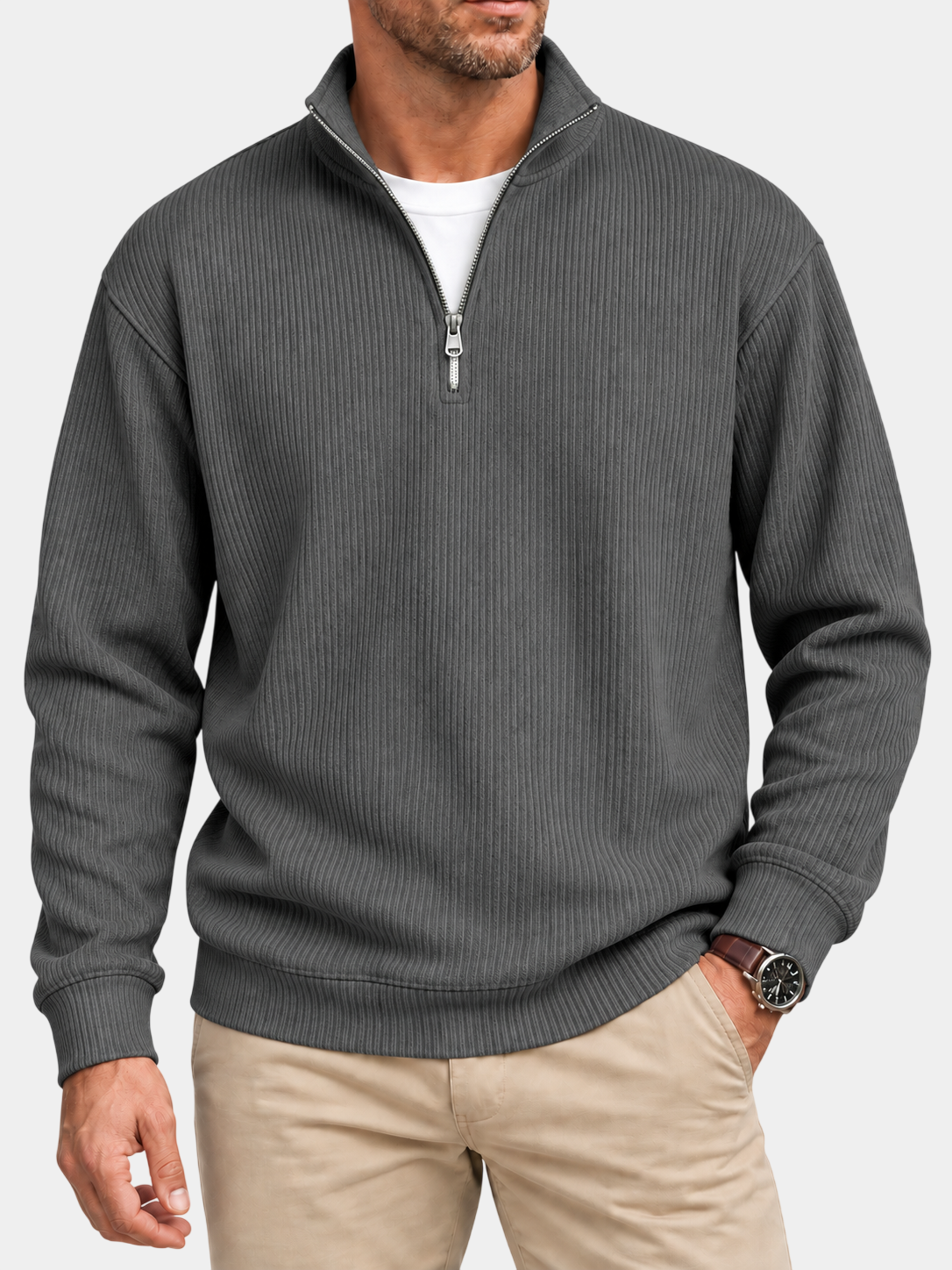 Textured Stand Collar Quarter-Zip Pullover Sweatshirt