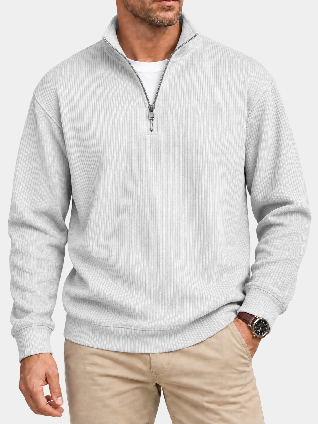 Textured Stand Collar Quarter-Zip Pullover Sweatshirt