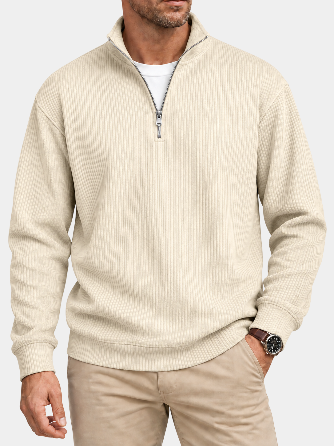 Textured Stand Collar Quarter-Zip Pullover Sweatshirt