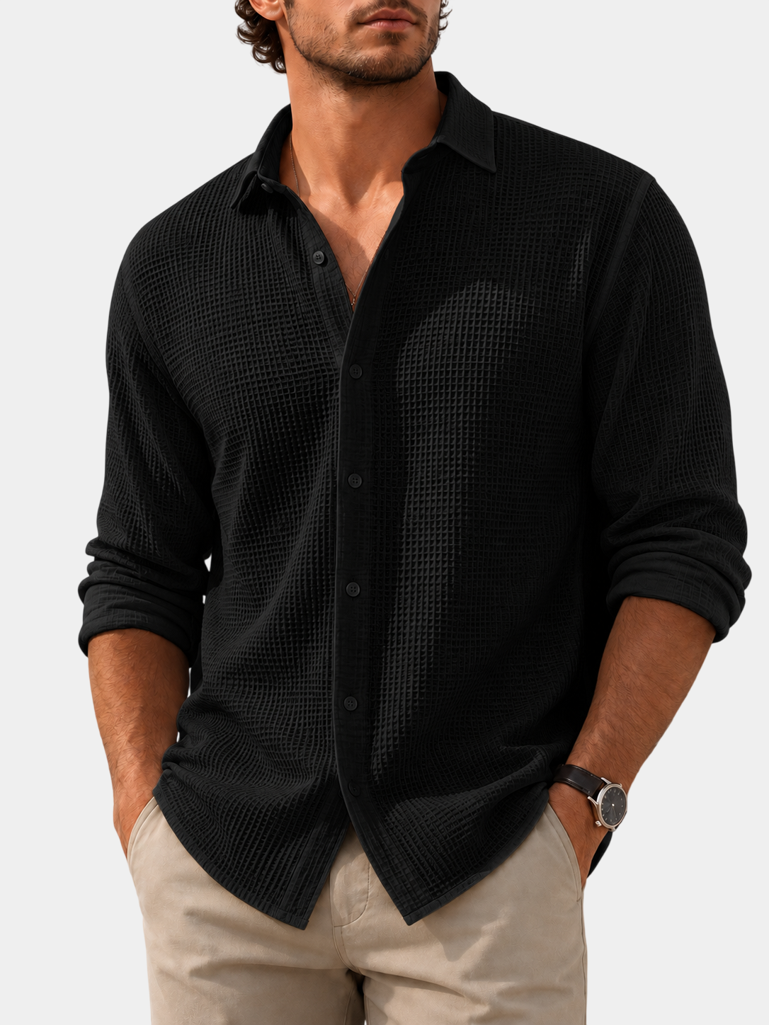 Waffle Textured Cotton Blend Long Sleeve Shirt