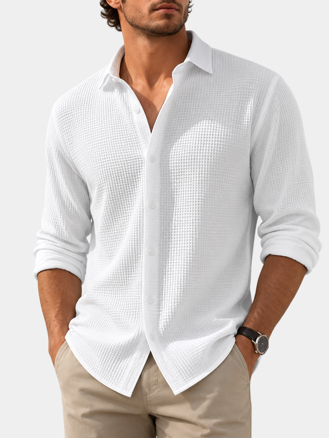 Waffle Textured Cotton Blend Long Sleeve Shirt