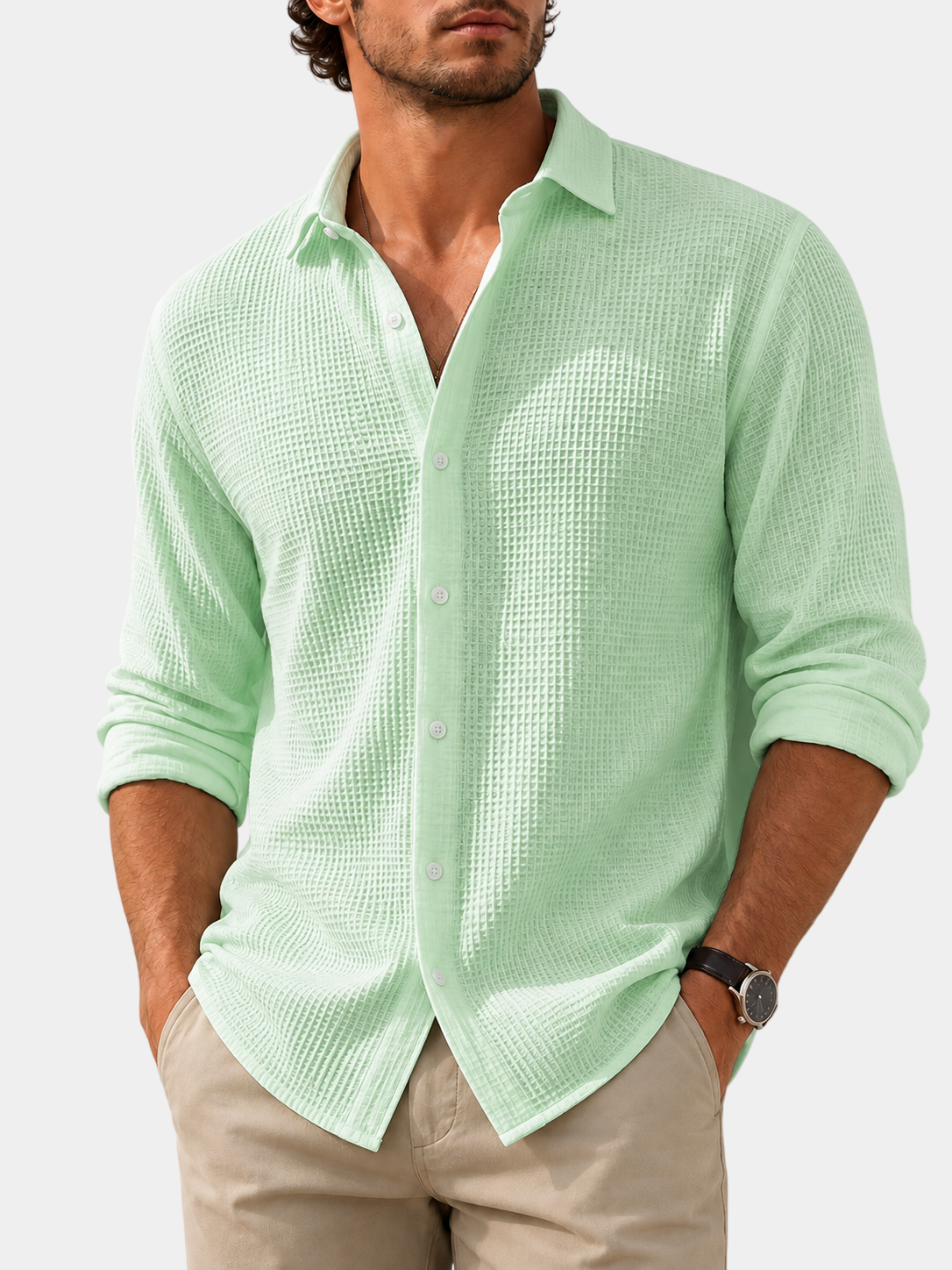 Waffle Textured Cotton Blend Long Sleeve Shirt