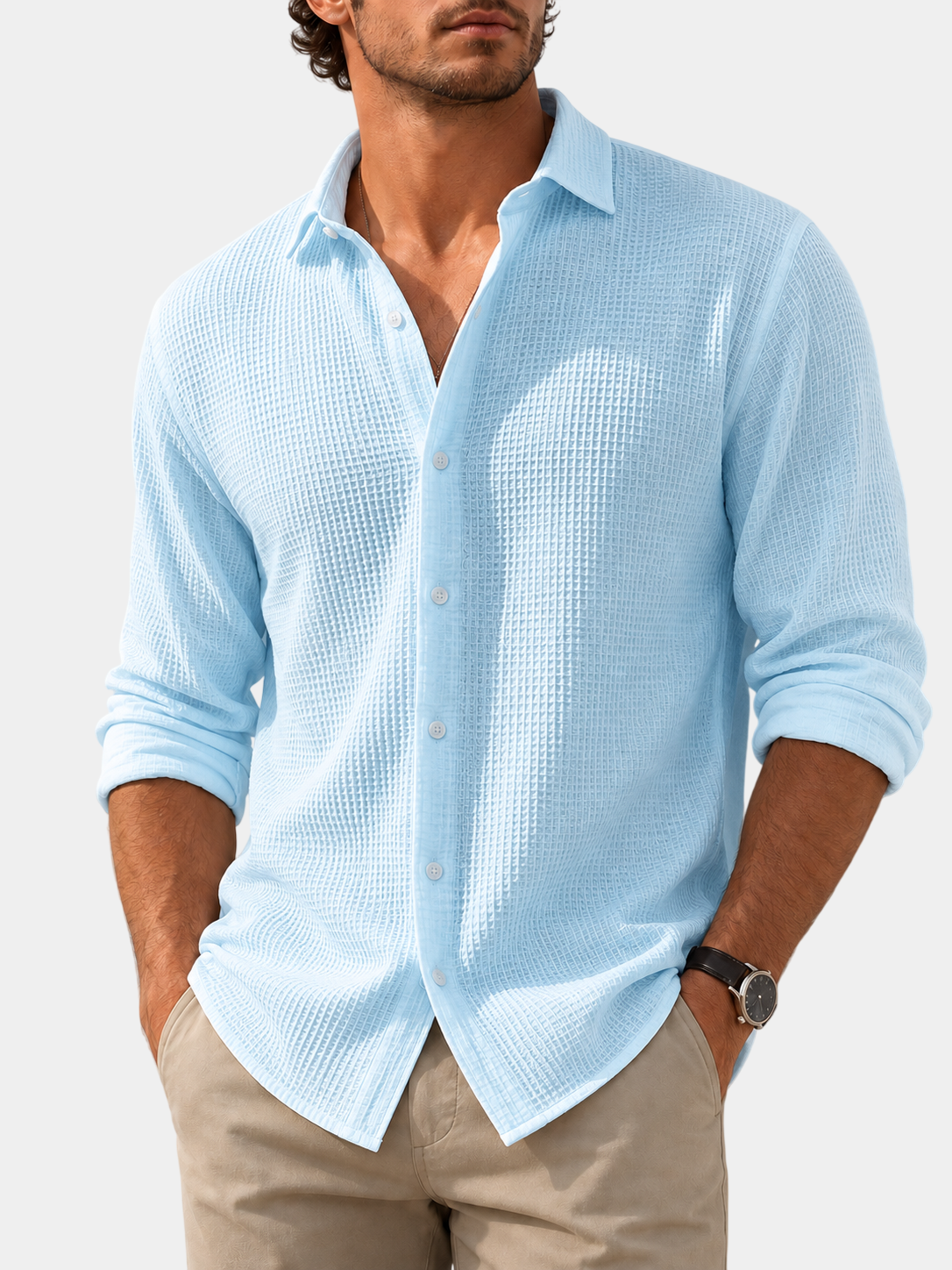 Waffle Textured Cotton Blend Long Sleeve Shirt
