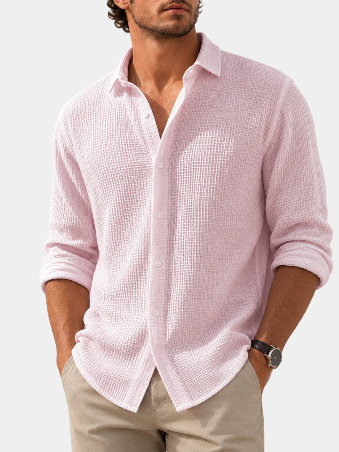 Waffle Textured Cotton Blend Long Sleeve Shirt