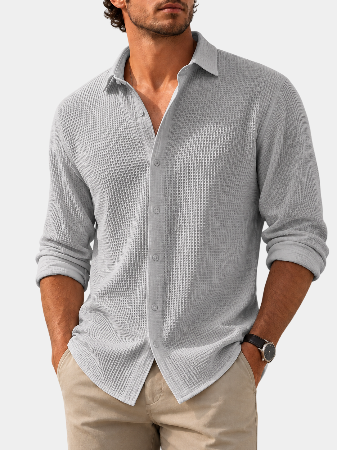 Waffle Textured Cotton Blend Long Sleeve Shirt