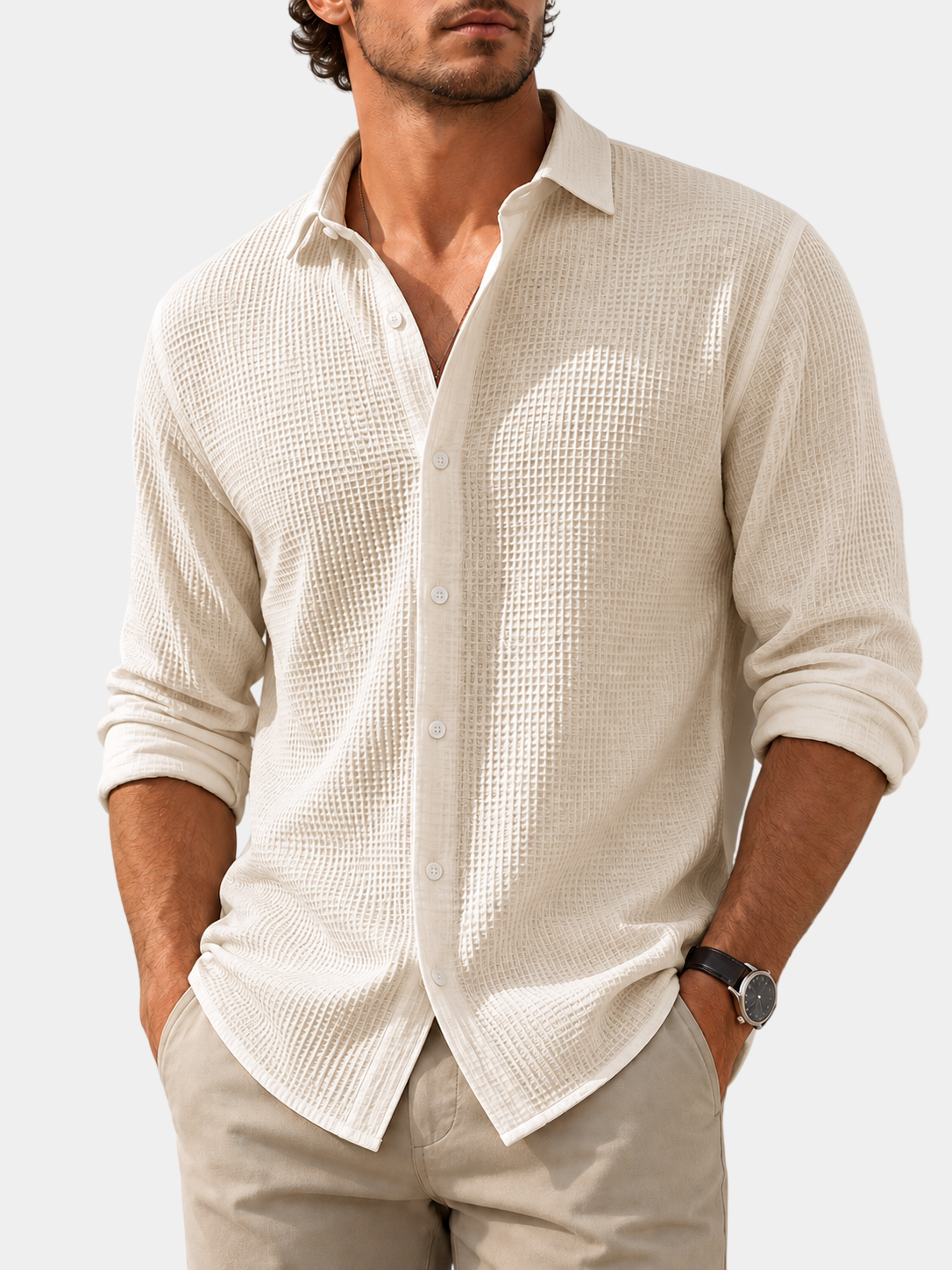 Waffle Textured Cotton Blend Long Sleeve Shirt