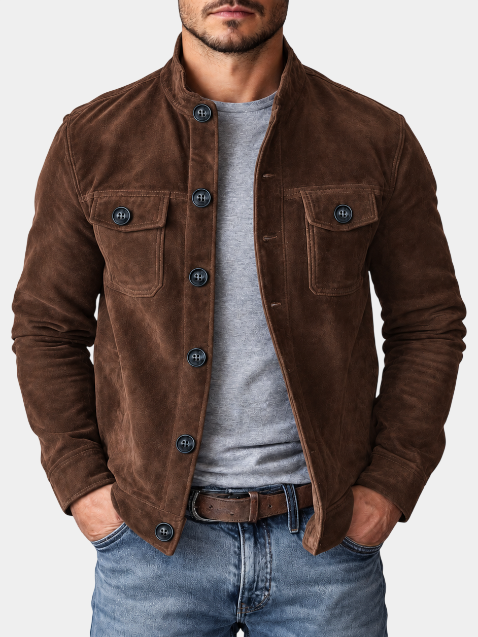 Vintage Stand Collar Pocket Suede Jacket