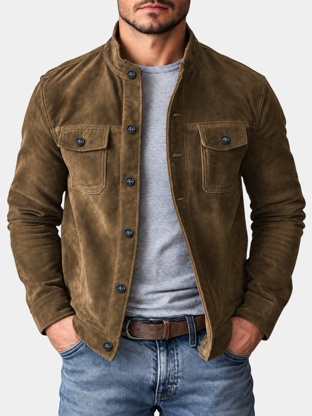 Vintage Suede Stand Collar Pocket Jacket