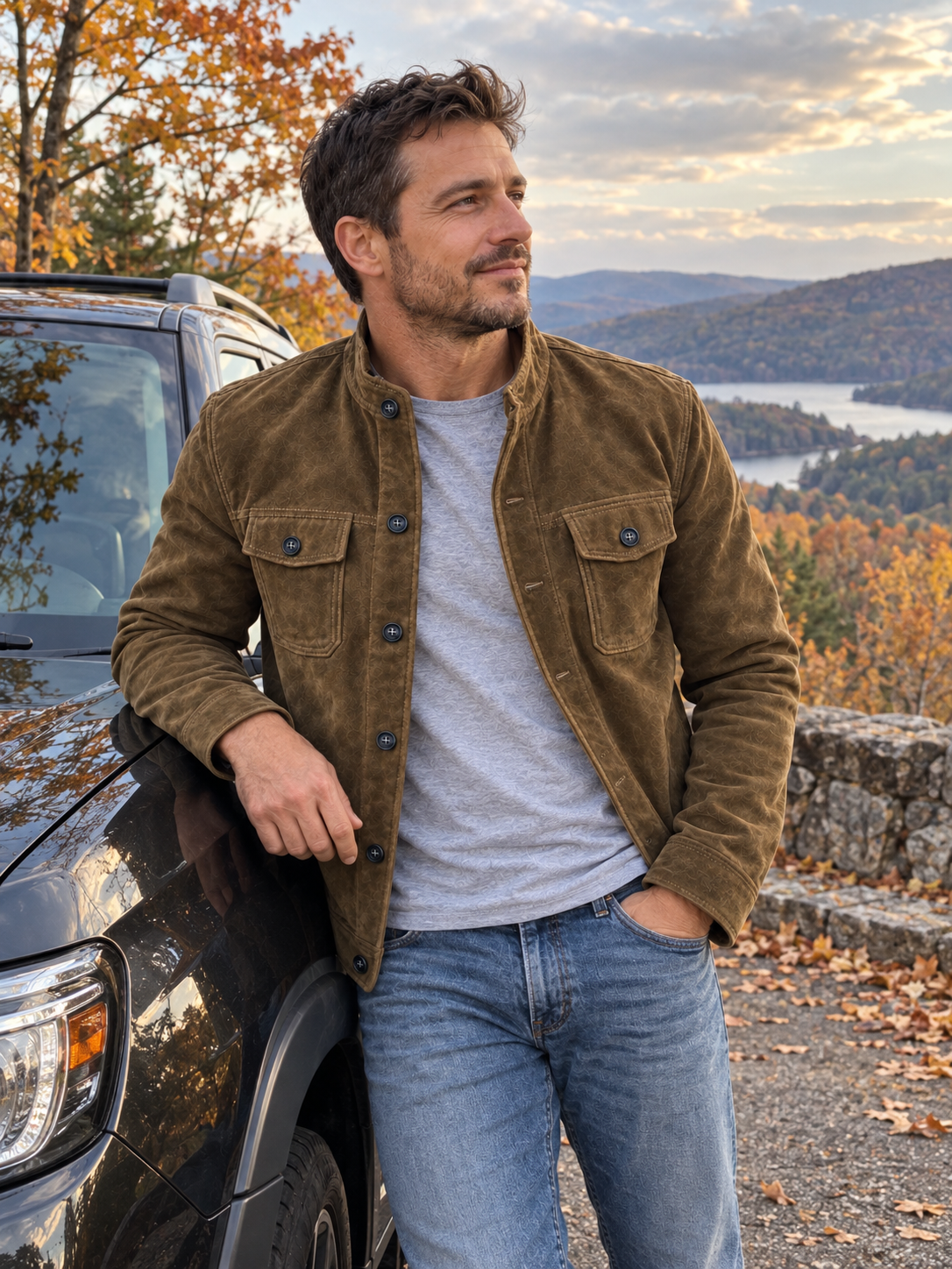 Vintage Suede Stand Collar Pocket Jacket