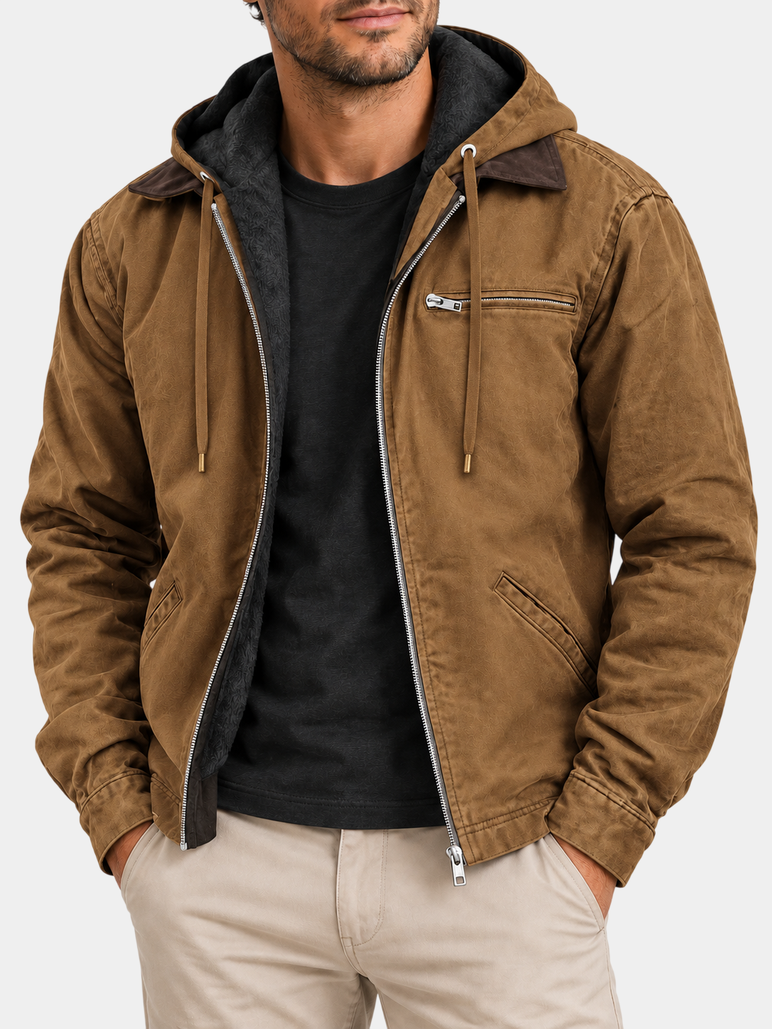 Vintage Fleece-Lined Cotton Hooded Zip Jacket