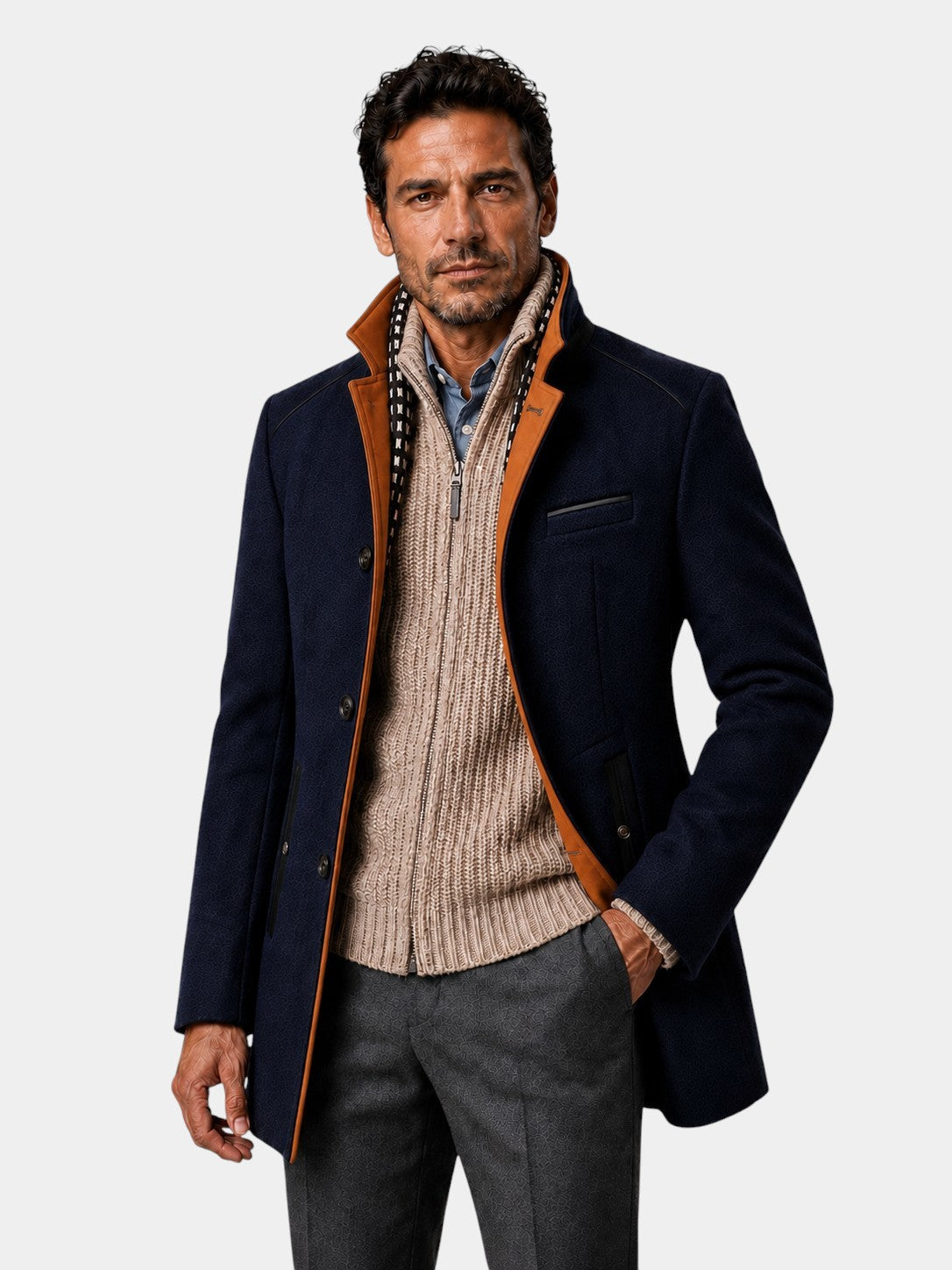 Urban Stand Collar Wool Coat With Detachable Scarf