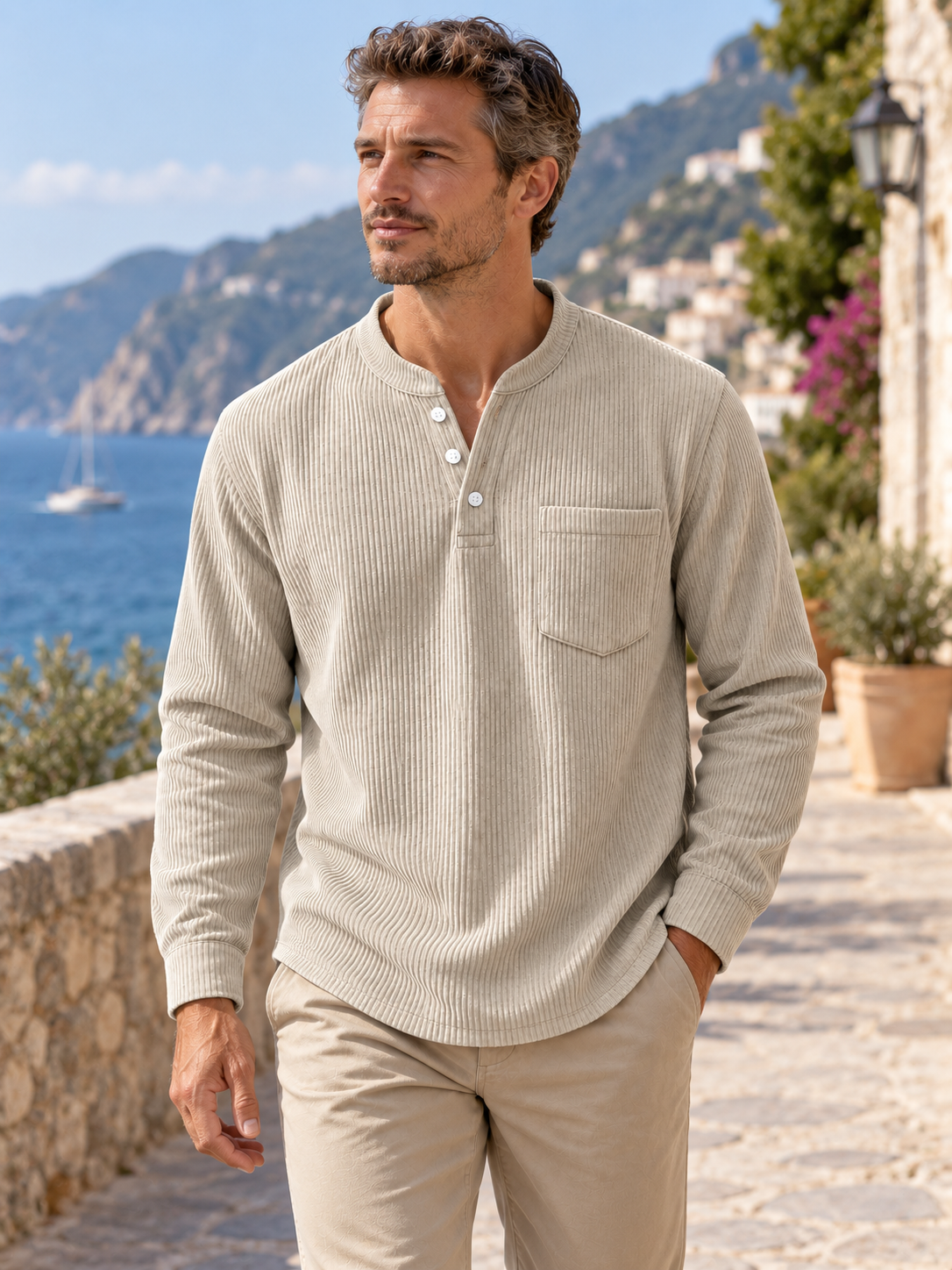 Premium Corduroy Henley Long Sleeve Shirt