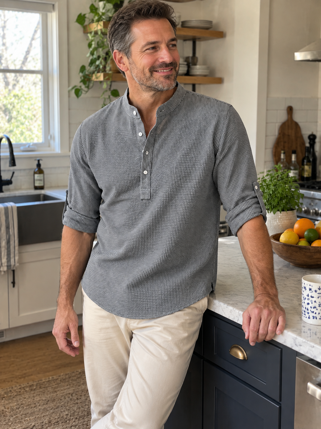 Pineapple-Textured Cotton Blend Stand Collar Shirt