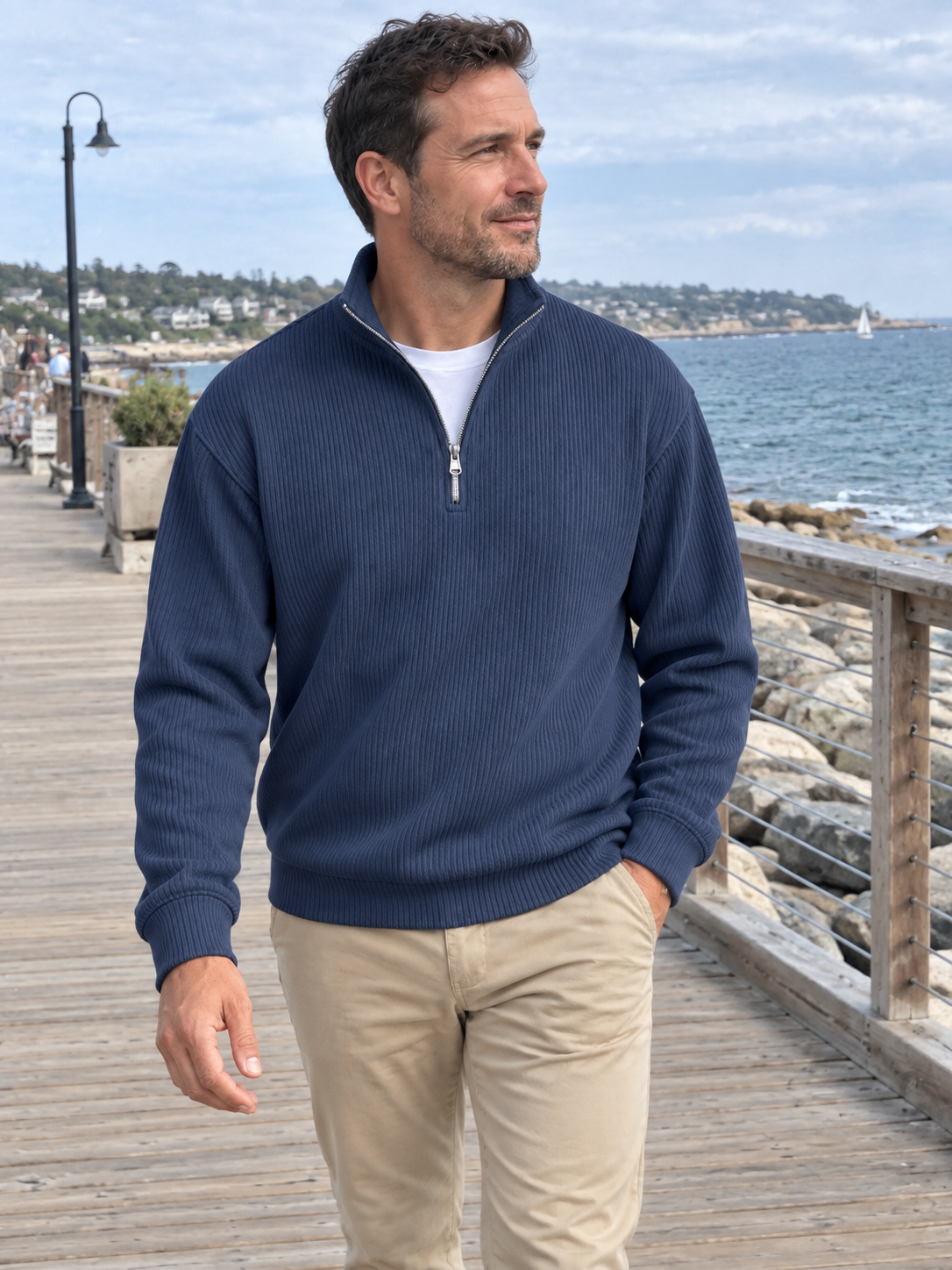 Textured Stand Collar Quarter-Zip Pullover Sweatshirt