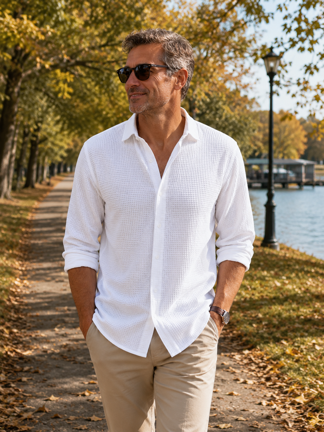 Waffle Textured Cotton Blend Long Sleeve Shirt