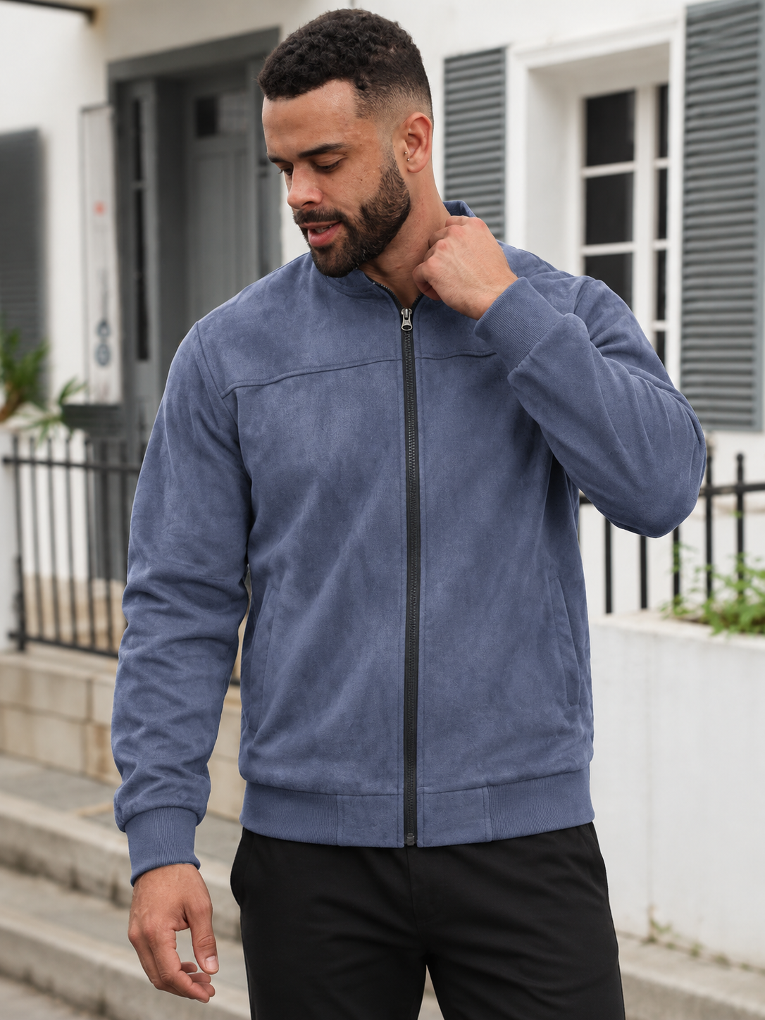Premium Suede-Look Stand Collar Zip Jacket
