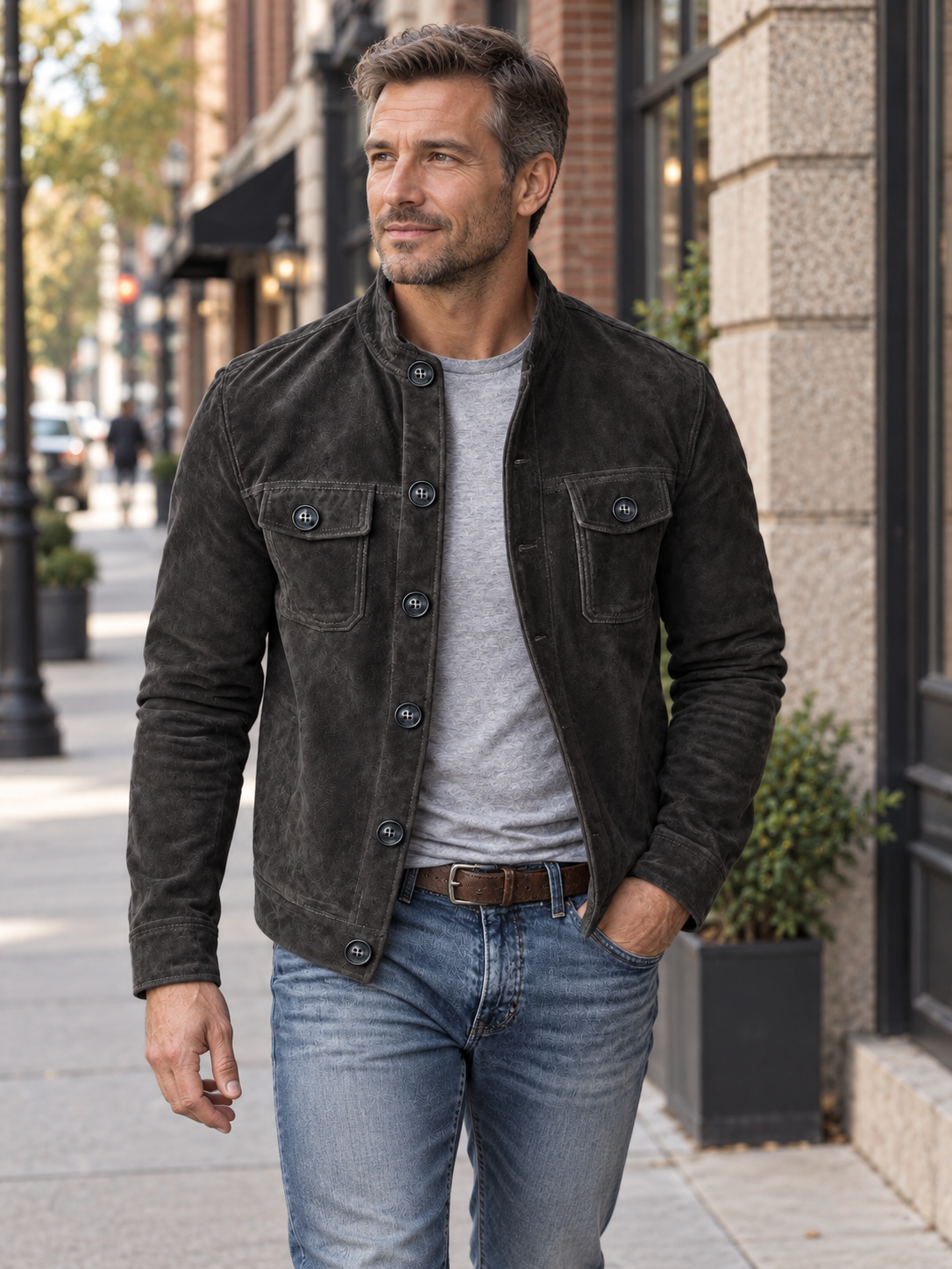 Vintage Stand Collar Pocket Suede Jacket