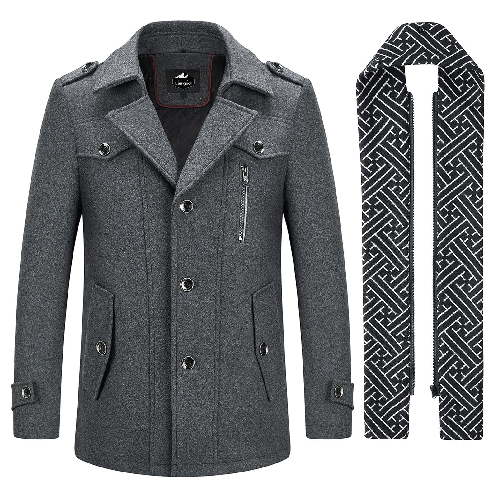 Men's Winter Warm Thick Wool Blend Coat with Removable Scarf