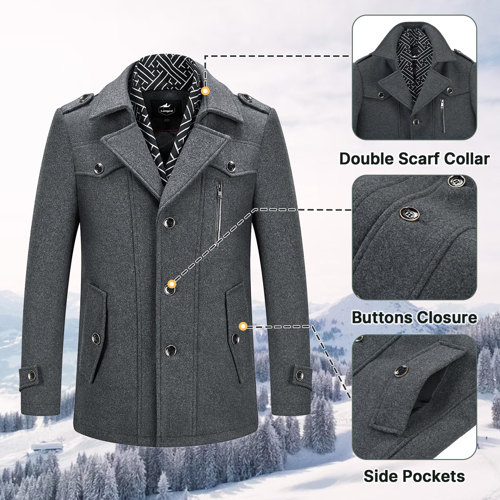 Men's Winter Warm Thick Wool Blend Coat with Removable Scarf