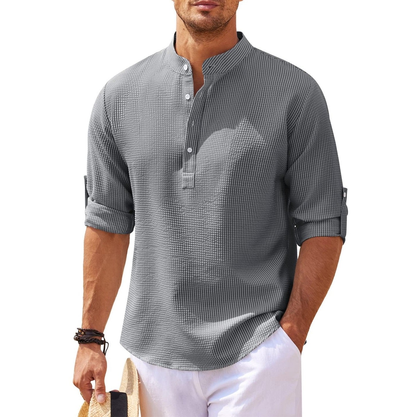 Men's Breathable Cotton Waffle Henley Long Sleeve Shirt