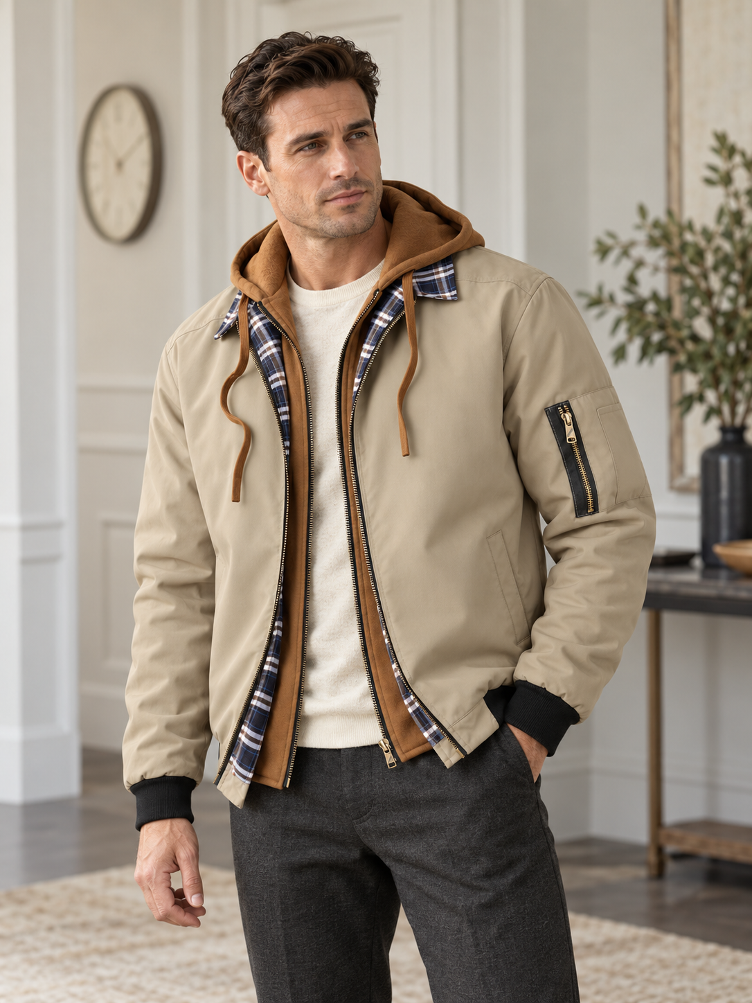 Vintage Layered Hooded Bomber Jacket