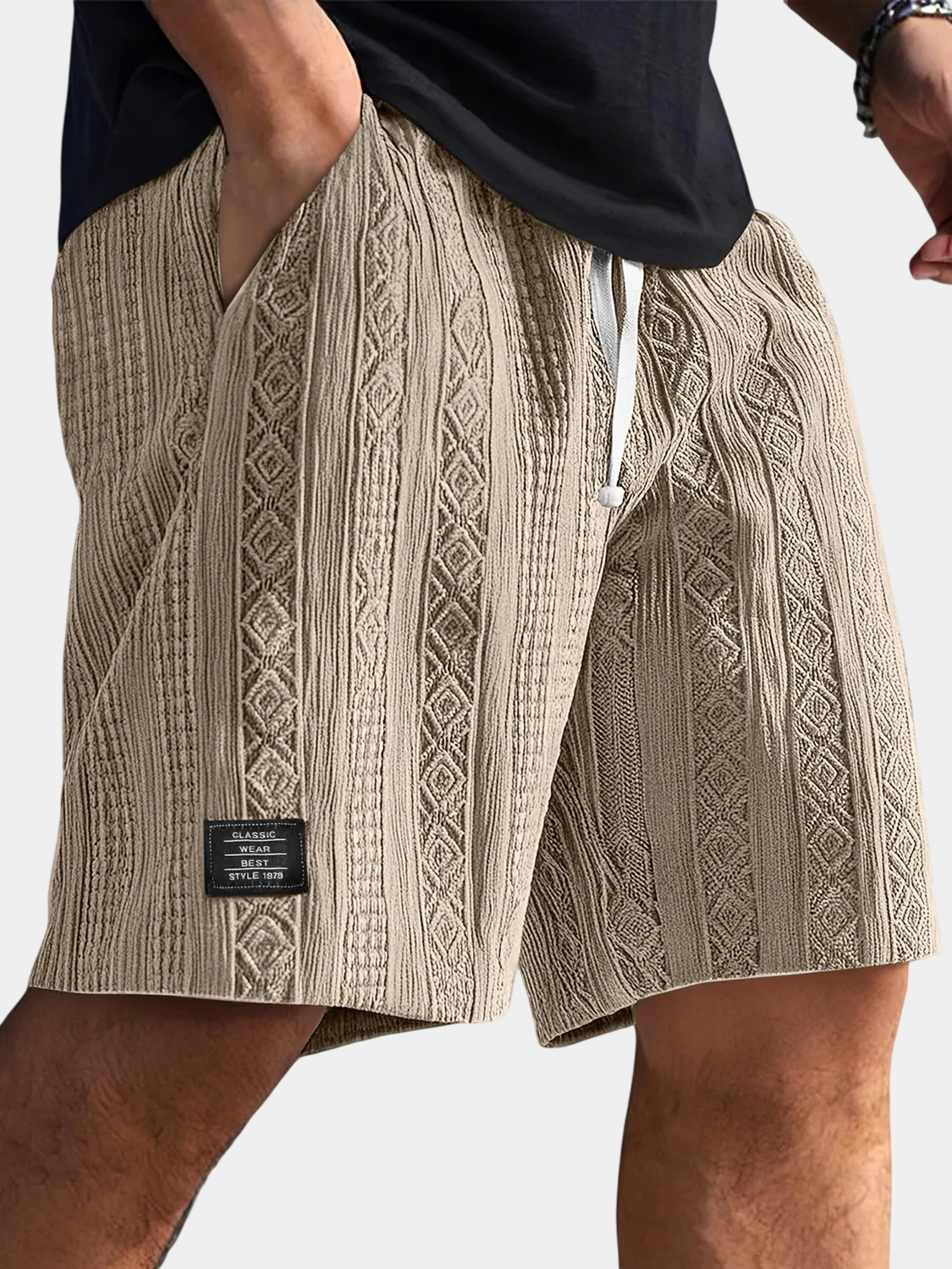Textured Jacquard Drawstring Casual Shorts